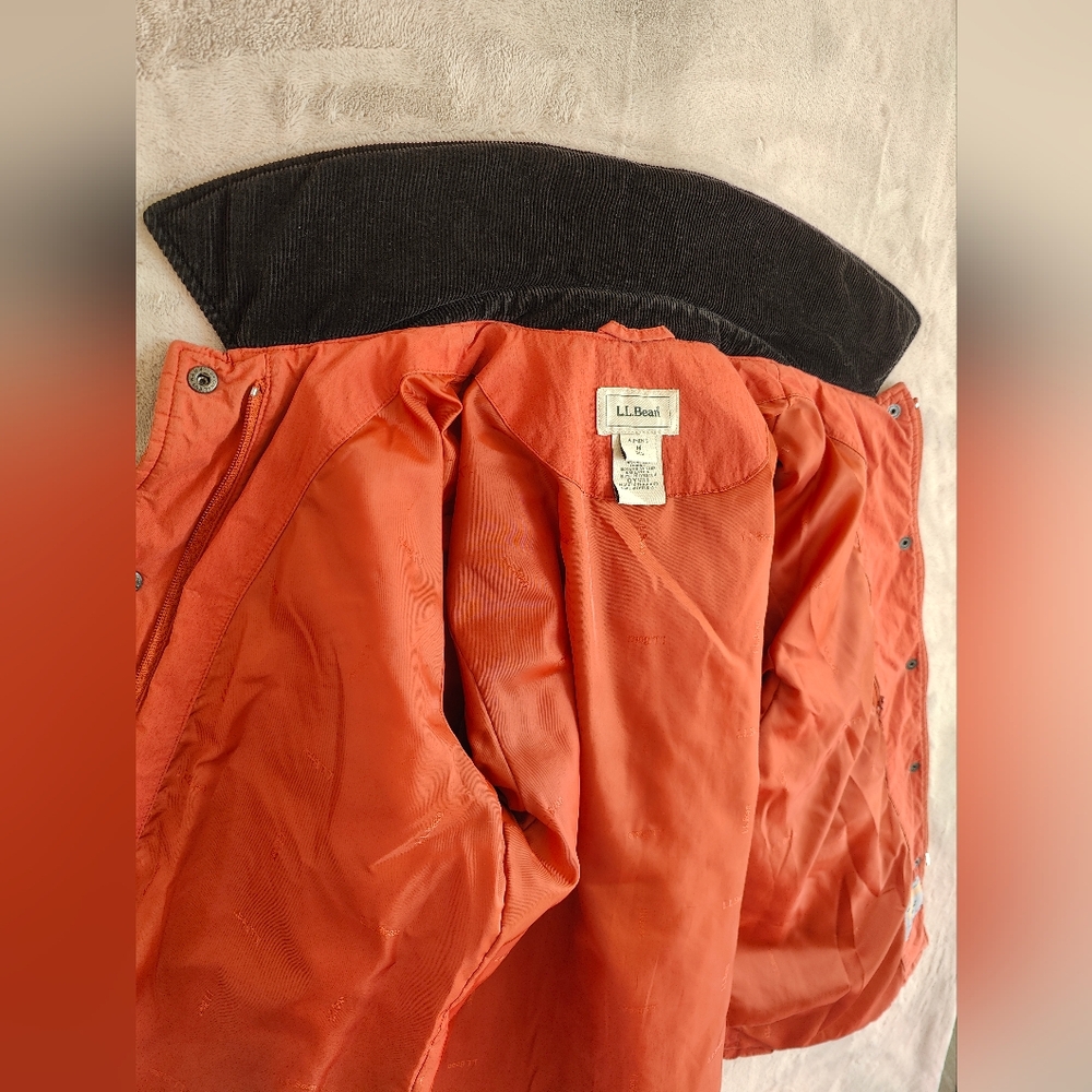 LL Bean Quilted Barn Jacket Thermal Orange Courdoroy Collar Size Medium - Picture 10 of 10